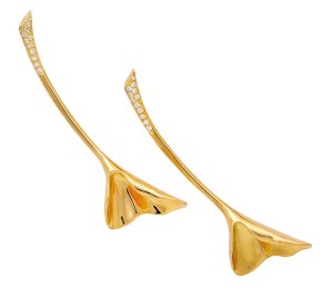 A pair of diamond and 18-karat highly polished gold Ginkgo leaf brooches by Angela Cummings for Tiffany & Co.